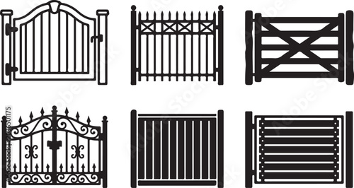 Tableau sur toile Six different black metal gate and fence designs vector illustration Vector