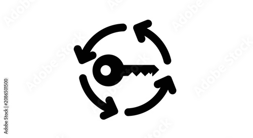Key icon surrounded by circular arrows illustrates the concept of security updates and password recovery.