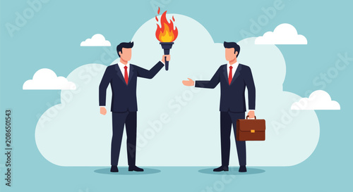 Foto Passing business torch concept as professional executive hands off flaming baton to colleague representing leadership transition and corporate succession plan