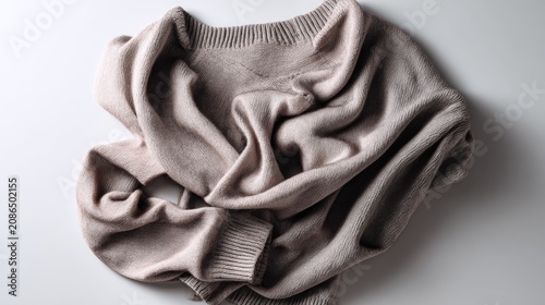 Folded beige wool sweater on white background.