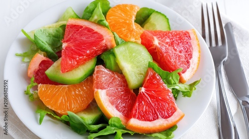 Fresh citrus and cucumber salad with grapefruit slices.
