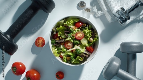 Fresh garden salad beside gym dumbbells and water.