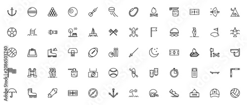 Outdoor activities icon set. Minimalist vector icons pack. Featuring symbols for tent, kayak, bonfire, soccer, basketball, swimming, fishing, hiking and more. Editable vector stroke.
