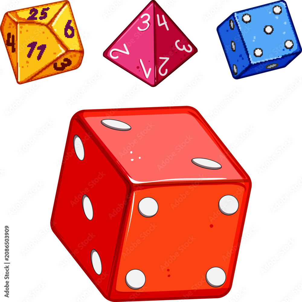 Obraz premium Multiple colorful polyhedral dice with different numbers and pips illustrating concepts of chance, luck, gaming, and mathematical probability for hobbies and entertainment