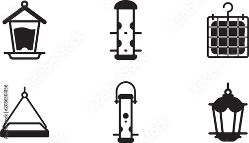 Foto Six different bird feeder designs in black and white vector style Vector