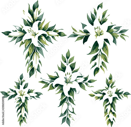 Tableau sur toile A set of Christian crosses made of green leaves and white lily flowers