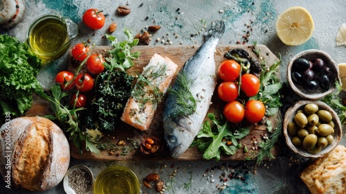 Fresh salmon and sea bream on turquoise wood.