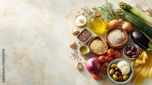 Fresh vegetables and pasta on rustic textured surface.