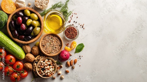 Fresh vegetables olives and olive oil flat lay arrangement.