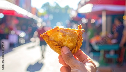 Fried pastry held by hand in busy street market.