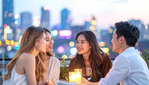 Friends enjoying dinner on a city rooftop.