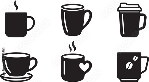 Obraz na płótnie Black coffee cup icons set with steam and saucer Vector
