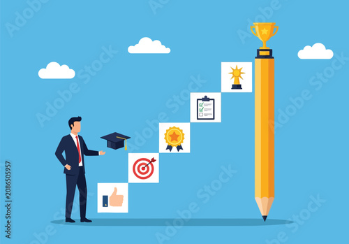 Businessman standing near tall pencil stairway climbing towards golden trophy cup representing educational success career progress and personal achievement.