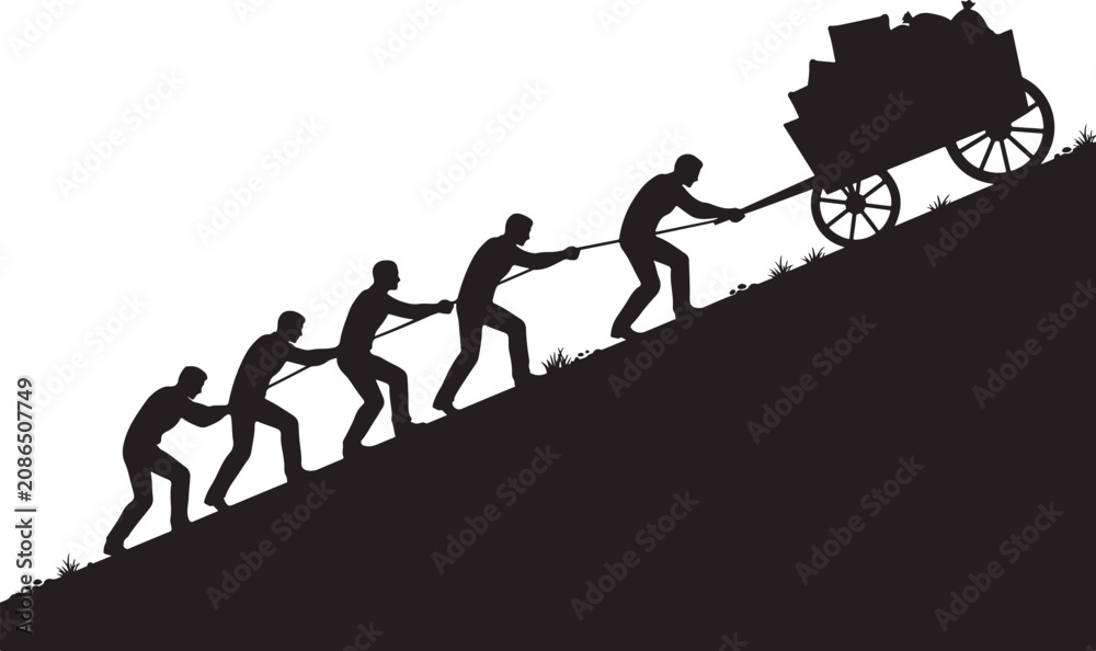 Fototapeta premium Silhouette of a group of people pulling a heavy wooden cart filled with boxes up a steep hill on a plain white background, for teamwork