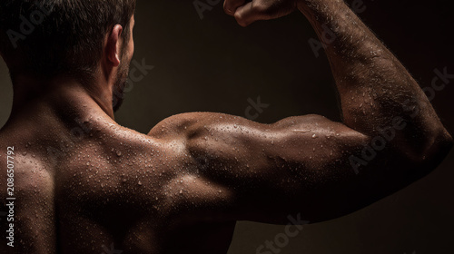 Close-up of a man's muscular back and bicep flexing, showing sweat and definition.