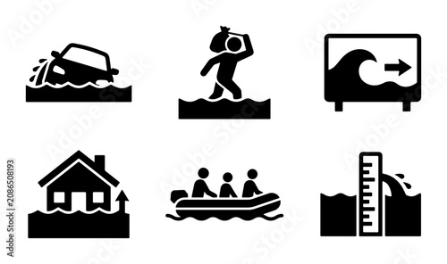 Принти на полотні Flood Icons Set: Disaster Relief, Evacuation, Water Damage, Rescue Boat, Home Fl
