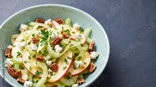 Fresh Waldorf salad with sliced apples, celery, pecans, and blue cheese in a ceramic bowl