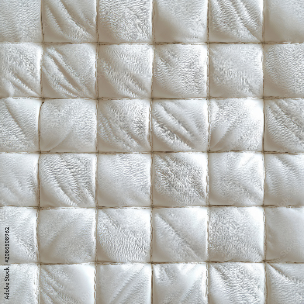 Fototapeta premium Close-up view of a white quilted fabric texture with a repeating square pattern.