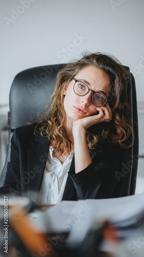 Young woman with glasses looking bored and tired while sitting at her desk in an office.