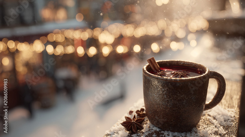 Warm mug of mulled wine with cinnamon stick and star anise on a snowy balcony with blurred festive lights background.