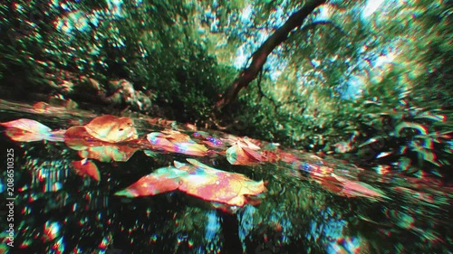 Psychedelic dreamlike forest river with floating autumn leaves and flowers. Extreme chromatic aberration, glowing starbursts, and trippy glitch distortion effects on a dark reflective water surface