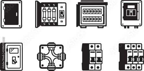 Bild auf Leinwand Eight types of electrical circuit breakers and junction boxes illustration Vecto