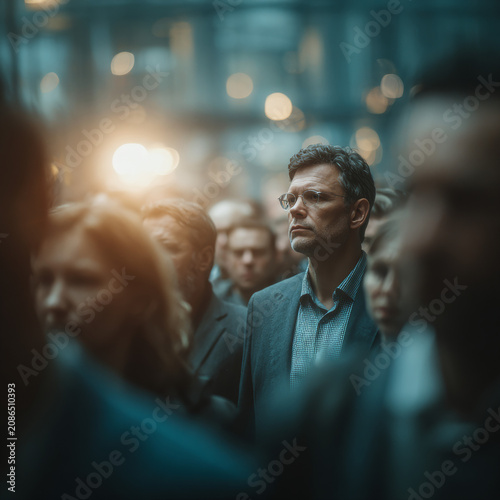 A thoughtful businessman stands out in a crowd of blurred people, contemplating his next move.