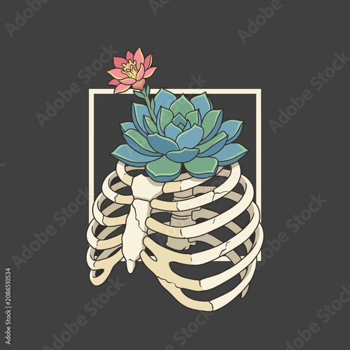 An artistic portrayal of a skeleton adorned with plants, representing the themes of life after death, vitality, and renewal, creating a compelling visual narrative on human existence.