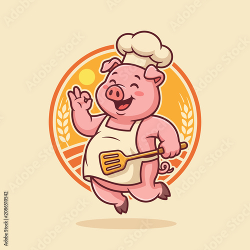 A cheerful pig dressed as a chef, happily holding a spatula, celebrating culinary delights and the joy of cooking, perfect for food enthusiasts and playful designs.