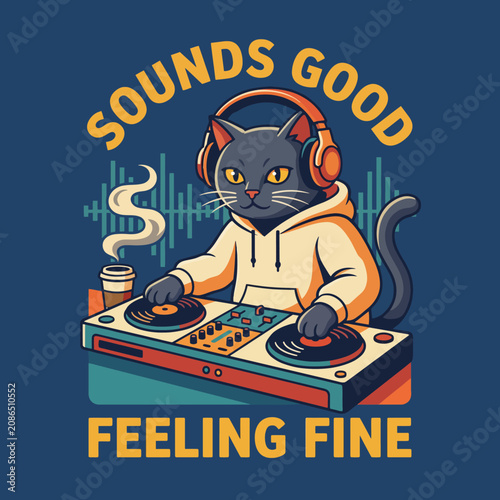 This delightful illustration features a cool cat DJ mixing tracks, complete with headphones and a coffee, embodying a fun and lively music scene in a playful style.