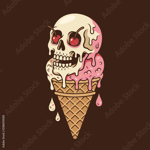 A quirky and eerie illustration of a skull topped with melting ice cream, creating a striking visual that appeals to lovers of unusual desserts and edgy designs.