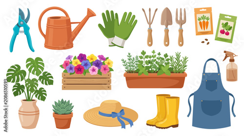 A vibrant collection of essential gardening tools including watering cans, gloves, plants, and pots, perfect for any plant enthusiast or gardening project.