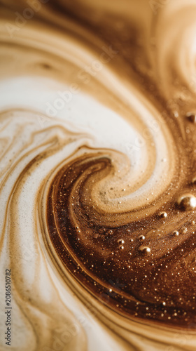 Close-up abstract swirl pattern of creamy latte art with rich brown coffee and white foam.