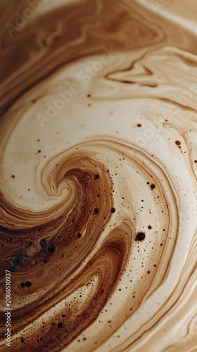 Close-up macro shot of swirling coffee and milk creating abstract patterns and textures.