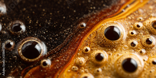 Close-up macro shot of dark coffee with a rich, frothy crema and swirling patterns.