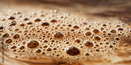 Close-up macro shot of rich brown coffee foam with many small bubbles.