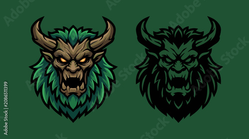An intense illustration of a fierce beast emblem with horns, designed in a dramatic style showcasing strength and power, perfect for themes of courage and ferocity.