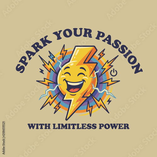This vibrant illustration features a smiling lightning bolt amidst a burst of colorful rays, embodying the theme of passion and energy. Perfect for motivating designs.