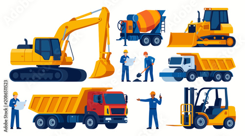 A colorful and detailed illustration showcasing various construction equipment like excavators, trucks, and workers, emphasizing the industrious nature of construction and teamwork.
