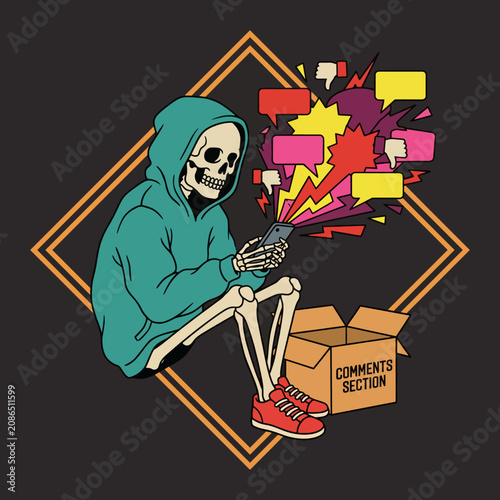 A stylized skeleton dressed in a hoodie engages with their phone, surrounded by thought bubbles, highlighting the digital interaction in today's social media landscape.
