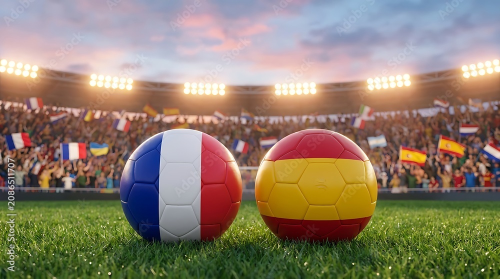 Fototapeta premium Two soccer balls with national flags of france and spain placed on green grass stadium turf with blurred crowd and stadium lights during sunset.