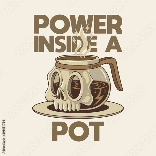 A visually striking illustration of a coffee pot shaped like a skull, steam rising, symbolizes the intensity of coffee culture and a bold take on morning routines.