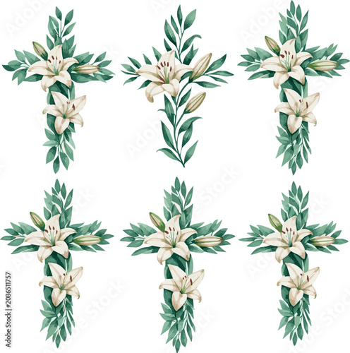 Tableau sur toile set of Christian crosses made of green leaves and white lily flowers