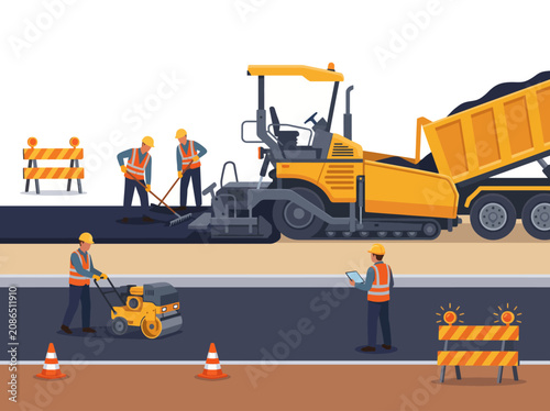 Illustration of a diligent construction crew engaged in road repair work, showcasing teamwork and professionalism with machinery and safety measures in a well-organized setting.
