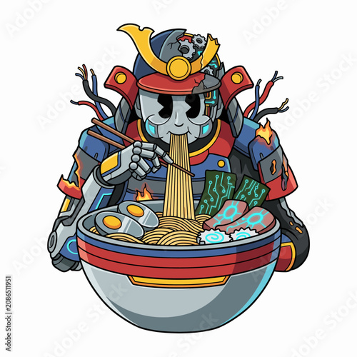 This captivating image features a robotic samurai character skillfully eating noodles, merging elements of traditional and futuristic aesthetics in a harmonious design.