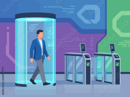 A sleek security checkpoint showcases a man walking through advanced technology, with digital displays and modern design elements highlighting contemporary urban security concepts.