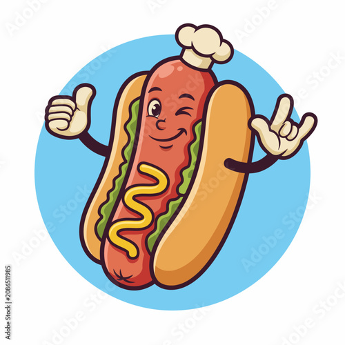 A cheerful cartoon hot dog with a chef hat and thumbs up, bringing a fun and lighthearted vibe, ideal for food-related brands or events.