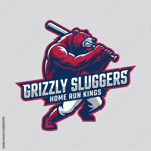 An imposing bear, muscular and fierce, is postured with a baseball bat, exuding strength and teamwork, designed for sports enthusiasts and outdoor adventure themes.