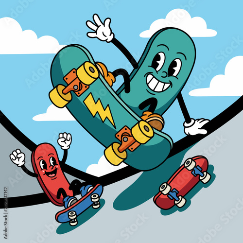 Two playful cartoon characters skateboarding in a colorful environment, showcasing fun and freedom, perfect for designs targeting children and a youthful audience.