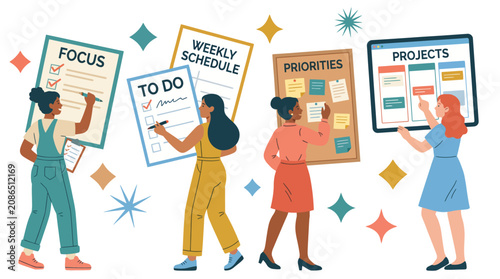 In this colorful artwork, diverse women are depicted collaboratively planning with charts and lists, emphasizing the power of teamwork and effective organization.